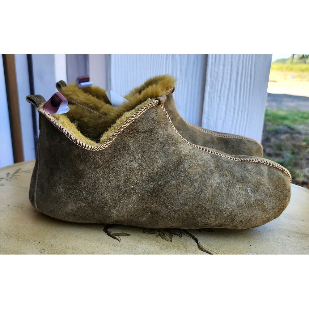 Follkee Sz 12 Green Suede Sheepskin Wool Slippers Moccasin Bootie House Shoes